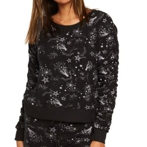 Chaser Bliss Shirred Sleeve Sweatshirt Mystical Star Print Constellation Black M
